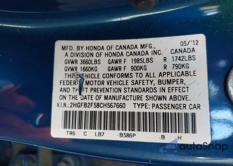 2012 Honda Civic Lx z USA, uszkodzony, nr VIN 2HGFB2F58CH567660